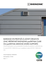 BARDAGE EN PROFILÉS À JOINT CREUX EN ZINC PRÉPATINÉ RHEINZINK-prePATINA CLAIR OU prePATINA ARDOISE (HORS SUPPORT)