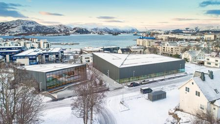 Photo sous la neige du bardage en zinc prePATINA ardoise sur l'Ulstein Arena