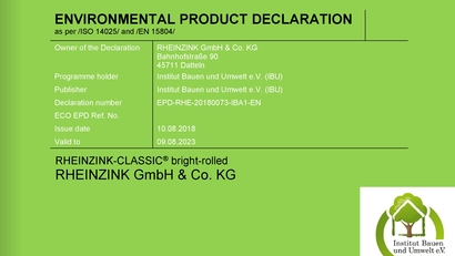 Certificat environnemental RHEINZINK CLASSIC naturel