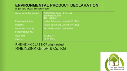 Certificat environnemental RHEINZINK CLASSIC naturel Certificat environnemental RHEINZINK CLASSIC naturel