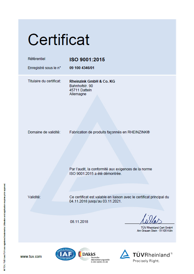 Certificat ISO 9001:2015 RHEINZINK
