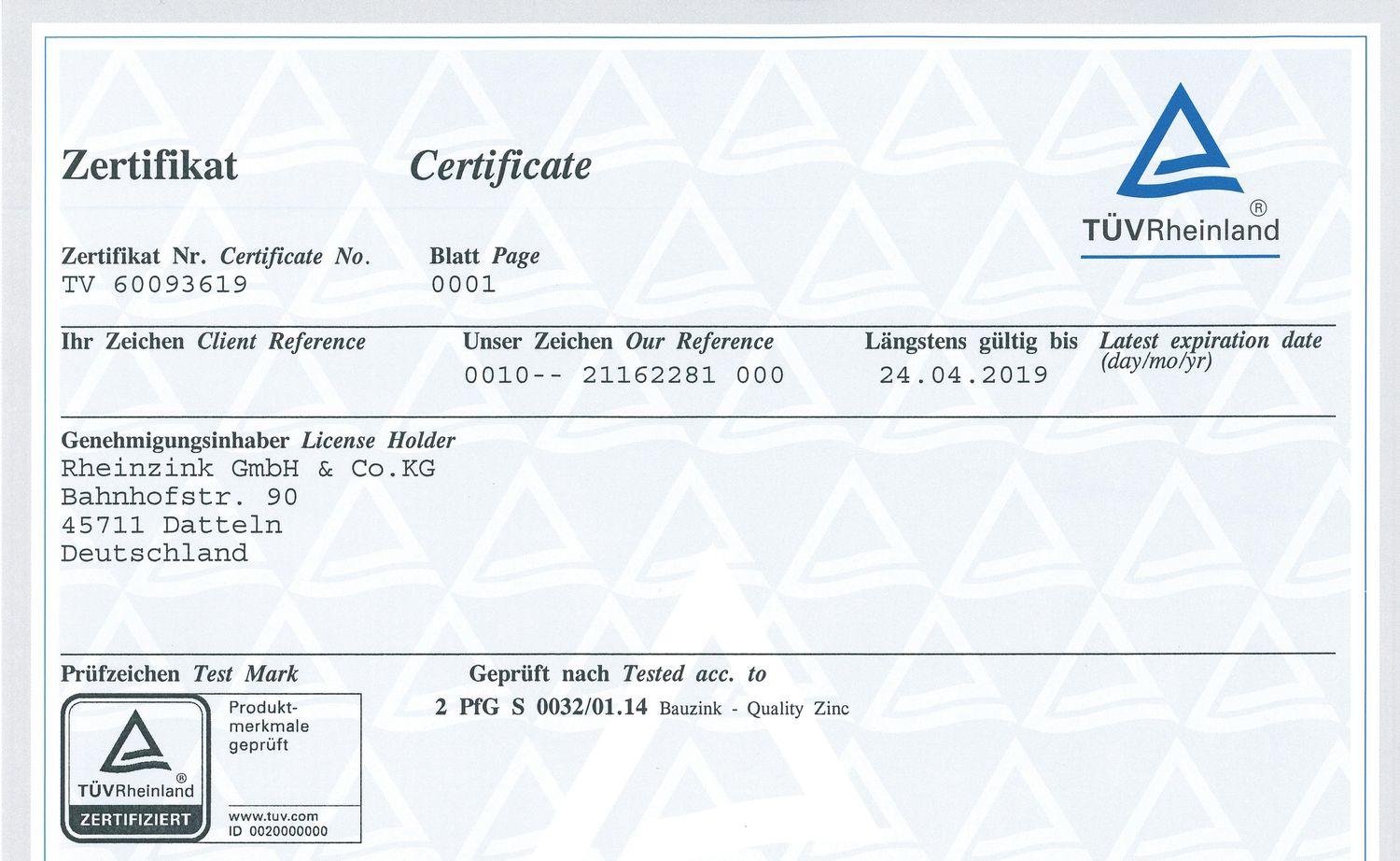 Certificat Quality Zinc